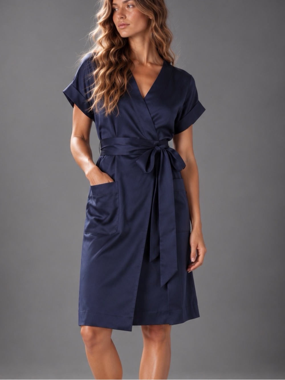 J. Crew Navy Short-Sleeve Wrap Dress with Side Pockets
